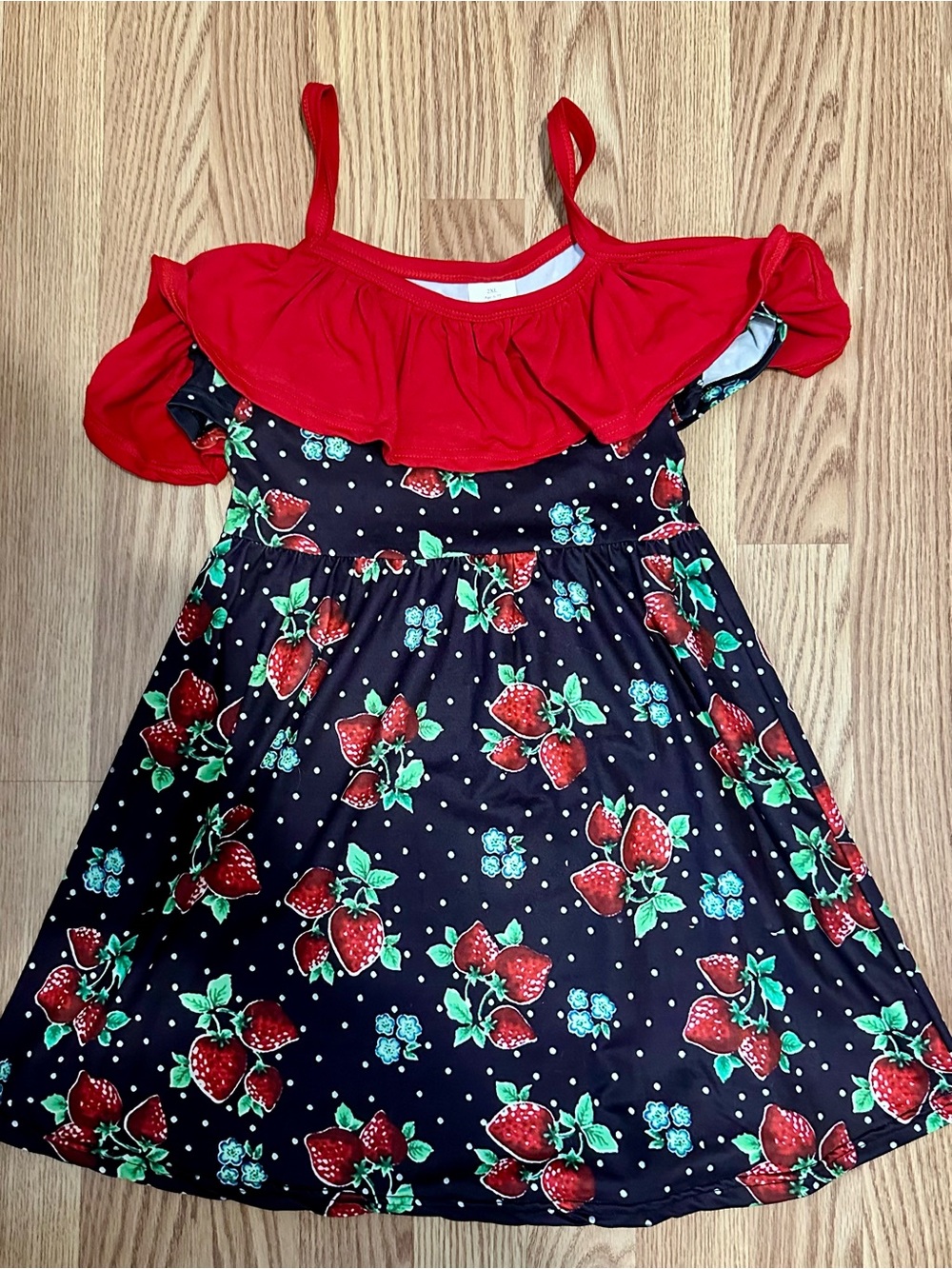 Girls Strawberry Print Cold-Shoulder Dress with Red Ruffle